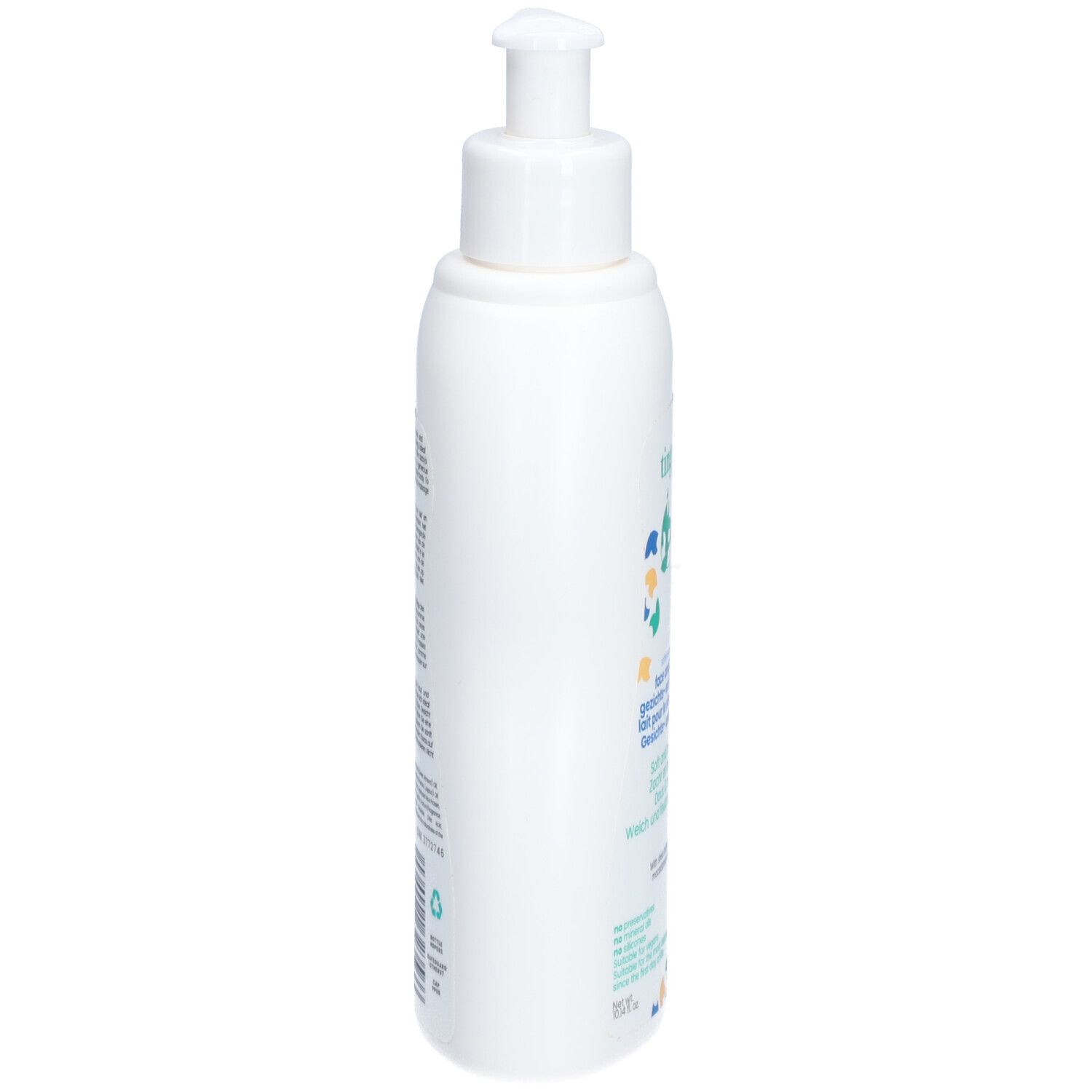 Weiße Flasche mit Pumpspender, Gesichts- und Körpermilch für Babys, mit verschiedenen Icons und Informationen.