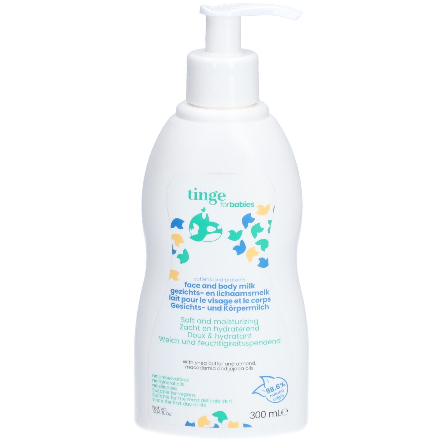 Weiße Flasche mit Pumpe. Aufschrift: tinge for babies, Gesichts- & Körpermilch. 300 ml. 98,6% natürlich.