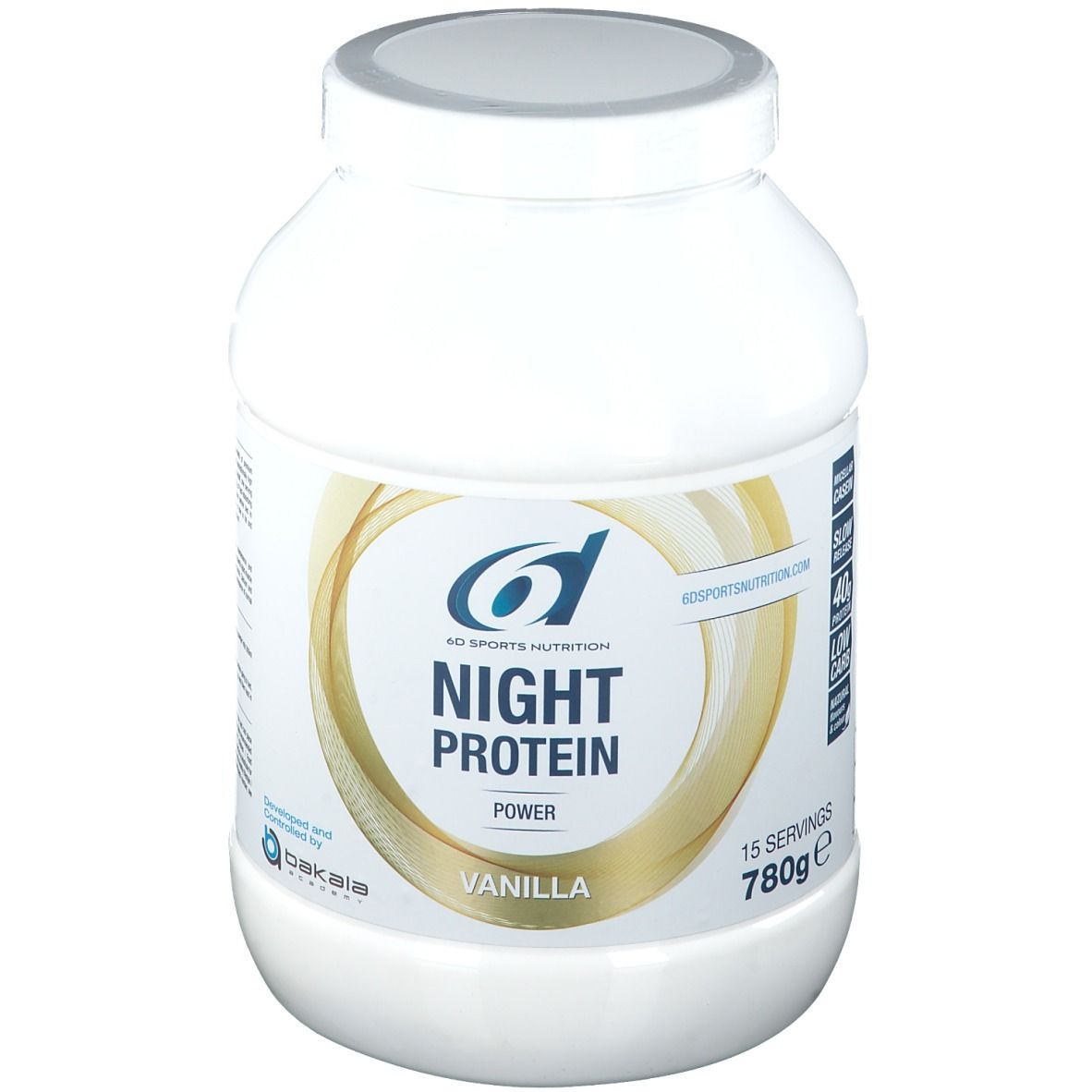 Pot de protéine en poudre blanche. Inscription : 6D Sports Nutrition Night Protein Vanille. 780g, 15 portions. Graphique doré.