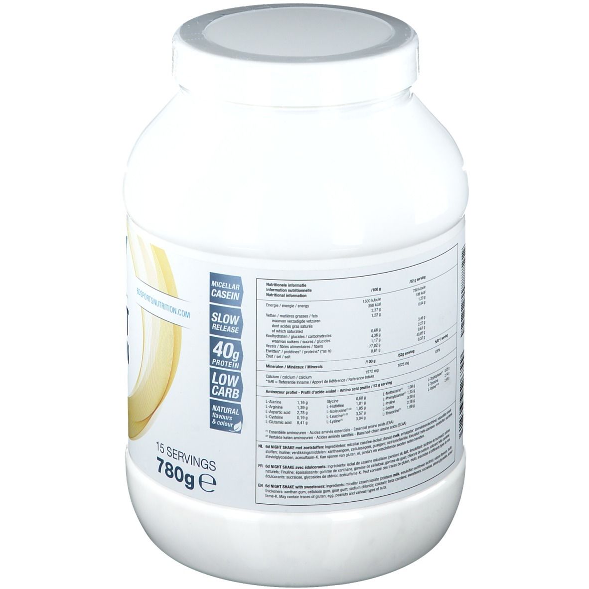 Pot de protéine en poudre blanche. Dos avec informations nutritionnelles et ingrédients. 40g protéines, faible en glucides, caséine micellaire.