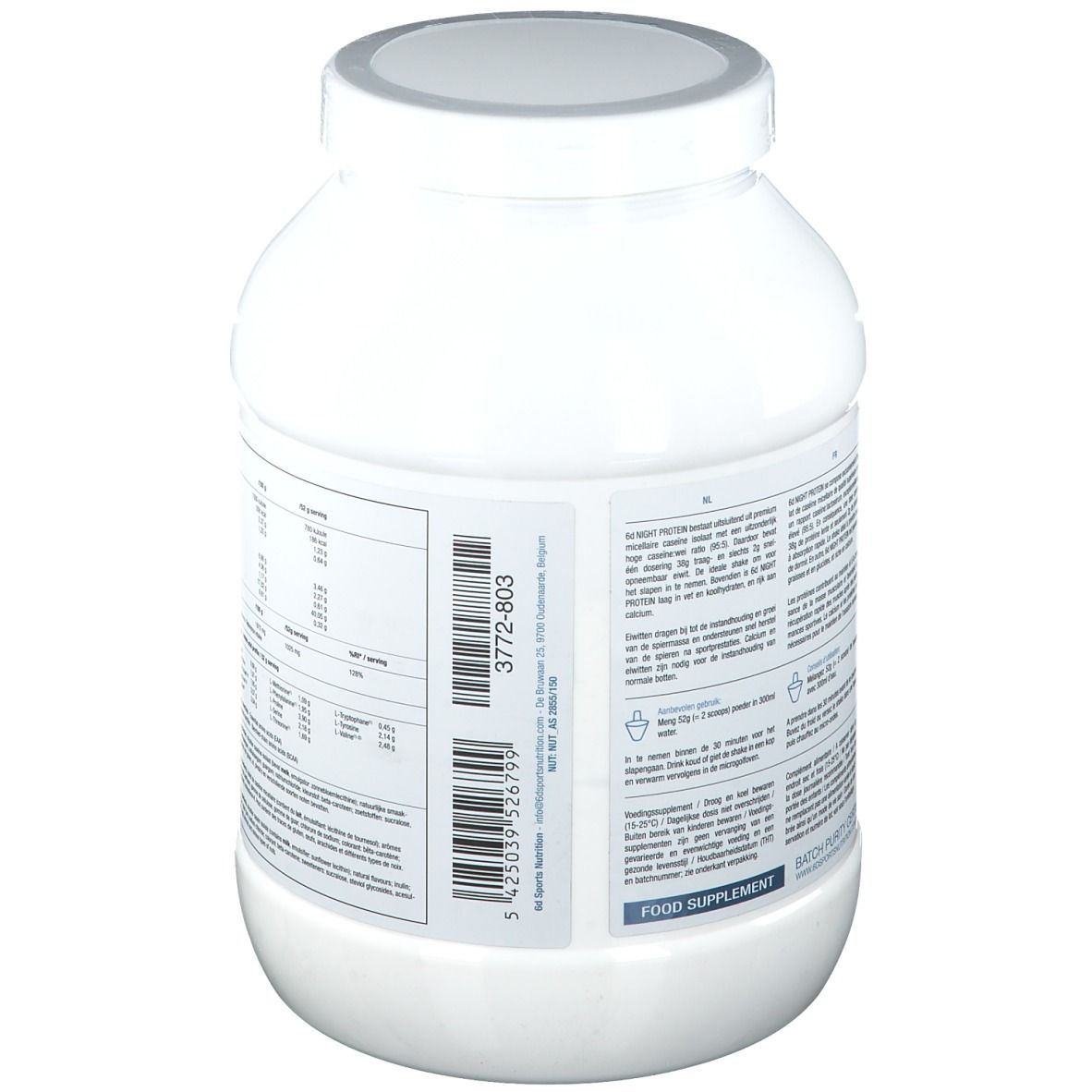 Pot de protéine en poudre blanche. Dos avec texte et code-barres. Inscription : Complément alimentaire.