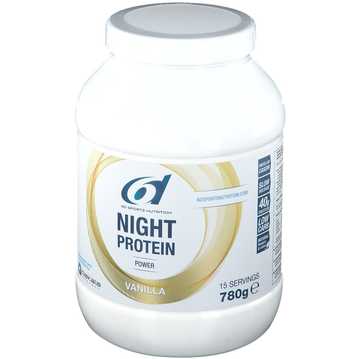 Pot de protéine en poudre blanche. Inscription : 6D Sports Nutrition Night Protein Vanille. 780g, 15 portions. Graphique doré.