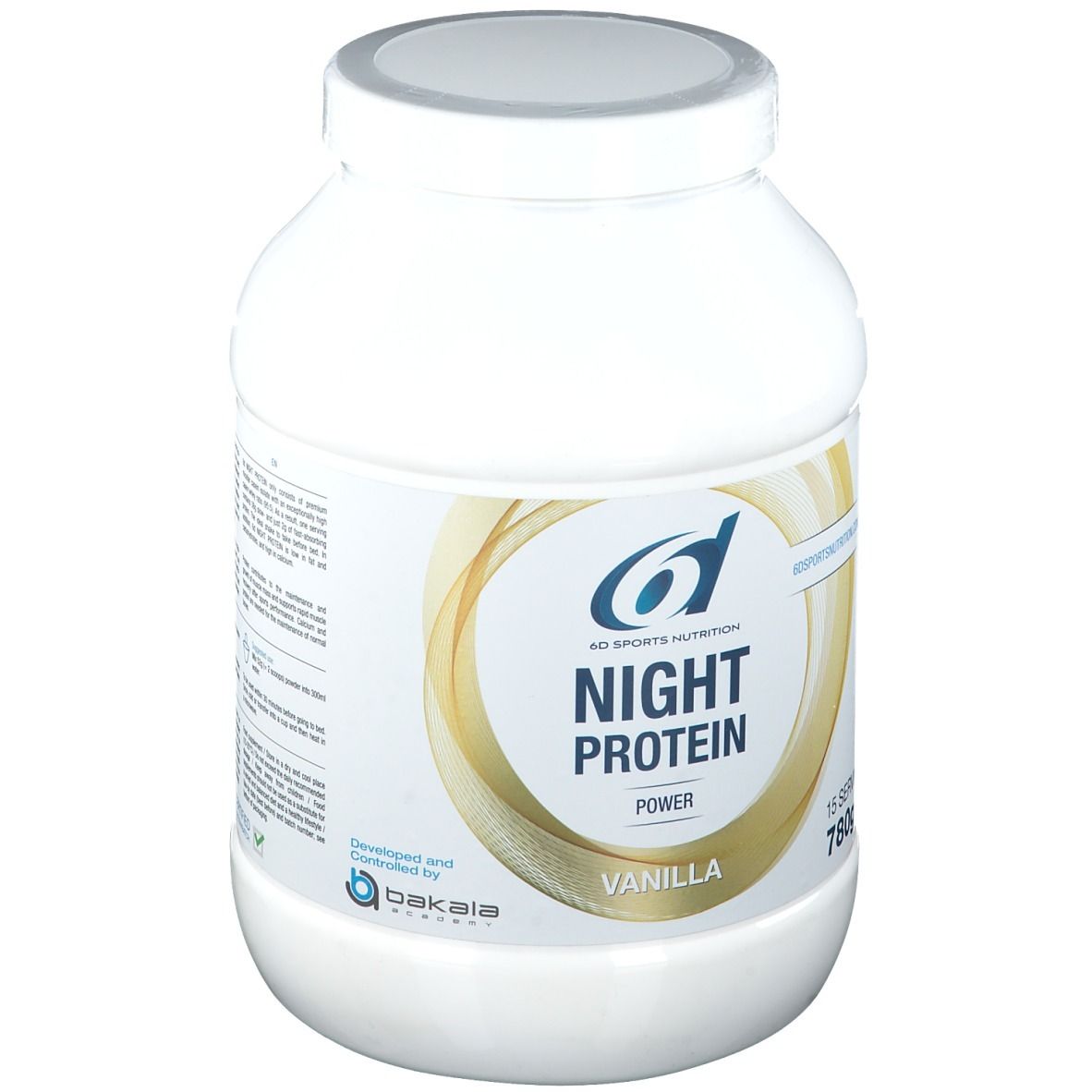 Pot de protéine en poudre blanche. Inscription : 6D Sports Nutrition Night Protein Vanille. 780g, 15 portions. Graphique doré.