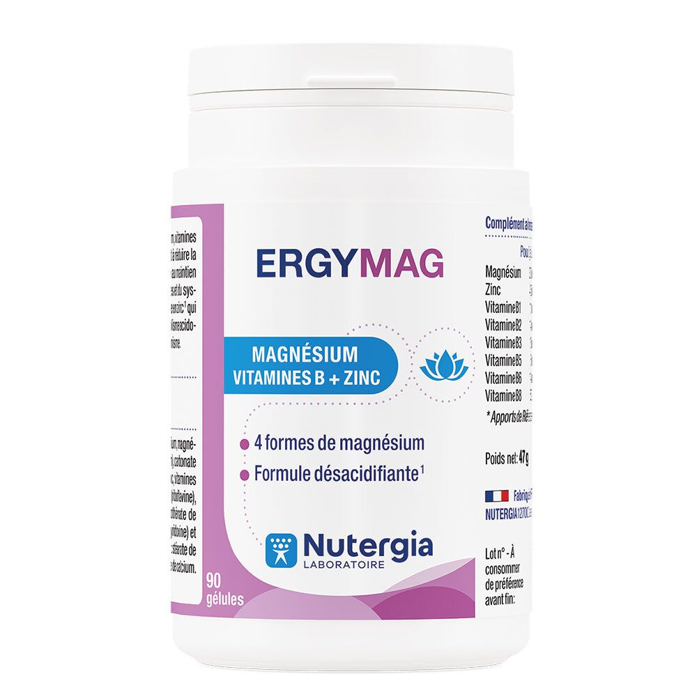 Weißer Ergymag-Behälter. Aufschrift: Ergymag, Magnesium, Vitamine B + Zink. 90 Kapseln. Marke Nutergia.