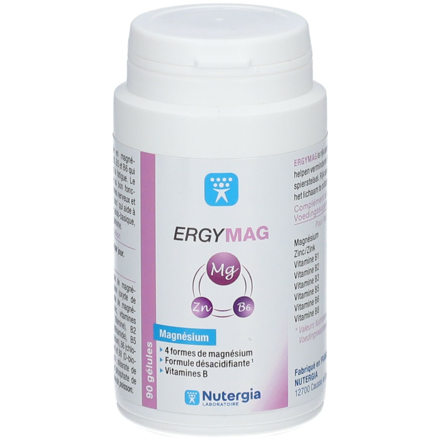 Weißes Ergymag-Behälter. Aufschrift: Ergymag, Magnesium, Zink, B6. 90 Kapseln. Marke Nutergia.