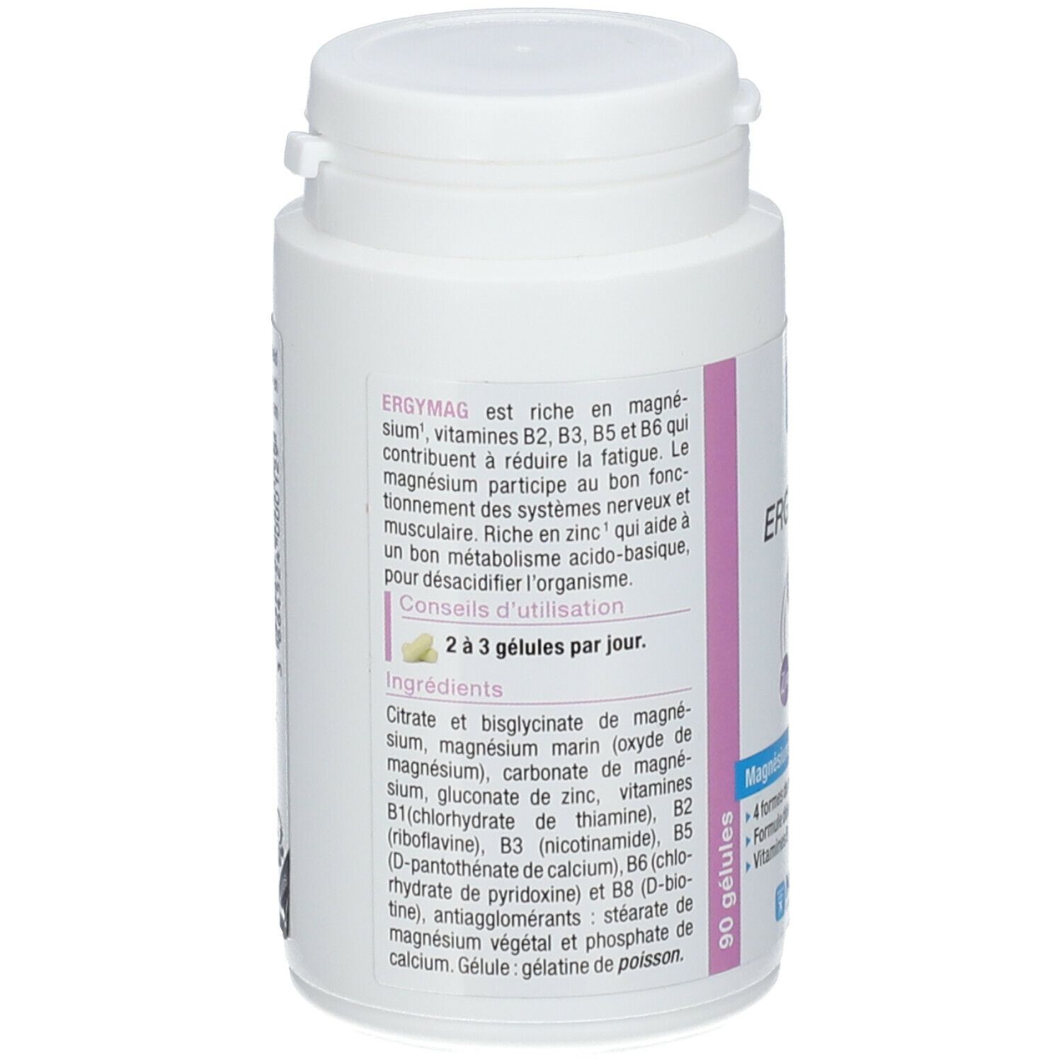 Rückseite des Ergymag-Behälters. Text: Ergymag, Magnesium, Vitamine, Inhaltsstoffe, Gebrauchsanweisung. 90 Kapseln.