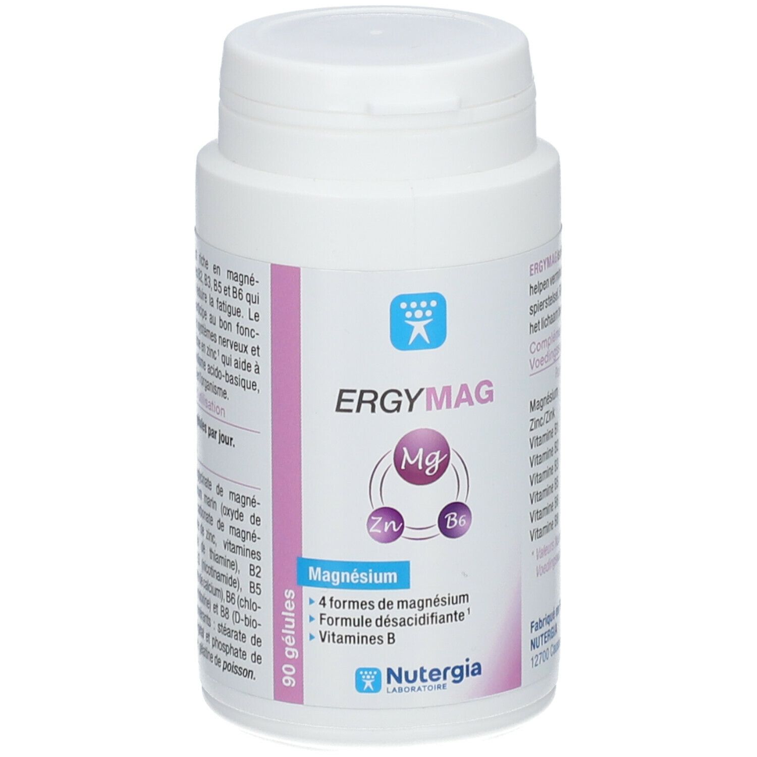 Weißer Ergymag-Behälter. Aufschrift: Ergymag, Magnesium, Zink, B6. 90 Kapseln. Marke Nutergia.