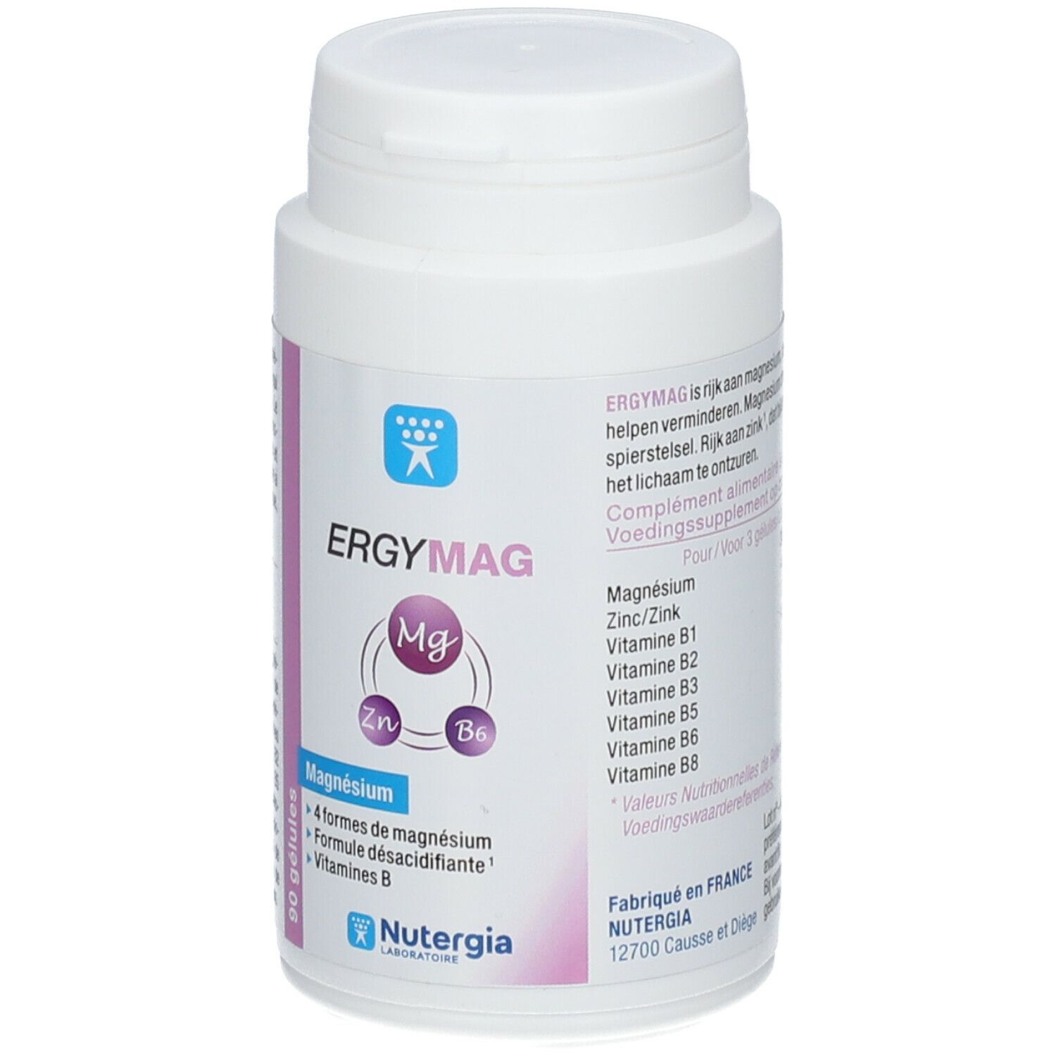 Weißer Ergymag-Behälter. Aufschrift: Ergymag, Magnesium, Zink, B6. 90 Kapseln. Marke Nutergia.
