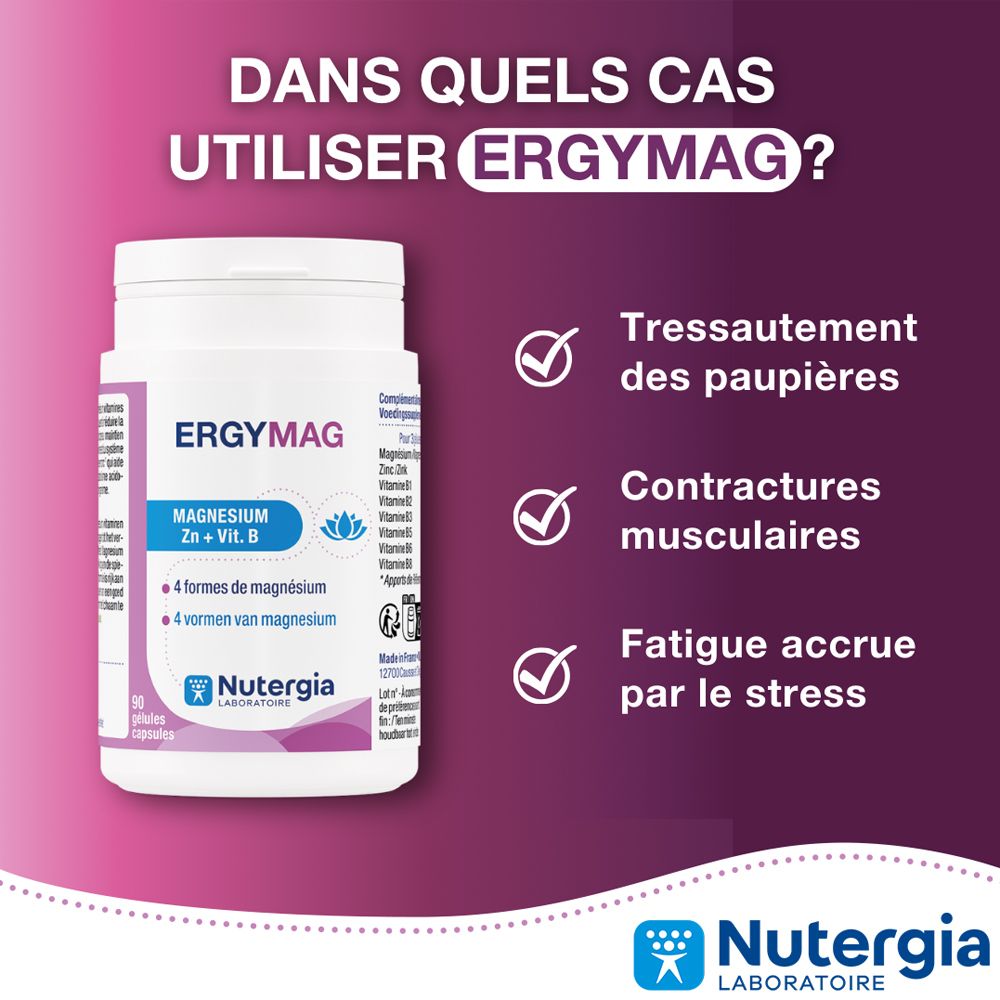 Graphique : Dans quels cas utiliser Ergymag ? Flacon Ergymag, 3 symboles : yeux, muscles, stress.