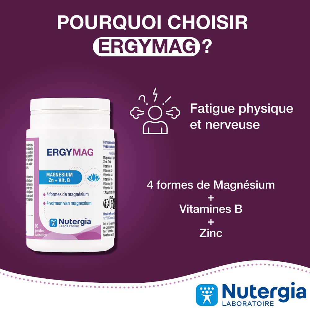Graphique : Pourquoi choisir Ergymag ? Flacon Ergymag, 3 symboles : fatigue, 4 formes de magnésium.