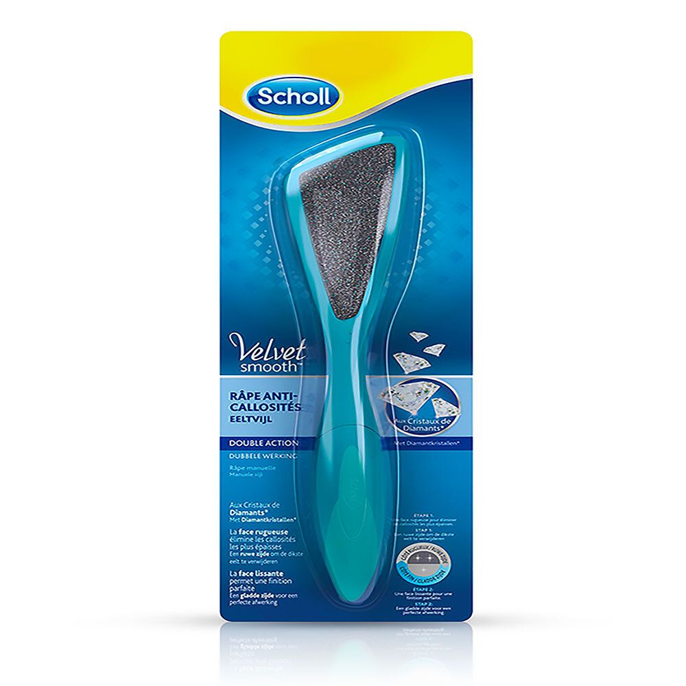 Hornhautfeile in Verpackung. Türkisgriff, graue Reibefläche. "Velvet Smooth" und "Scholl" Schriftzug.