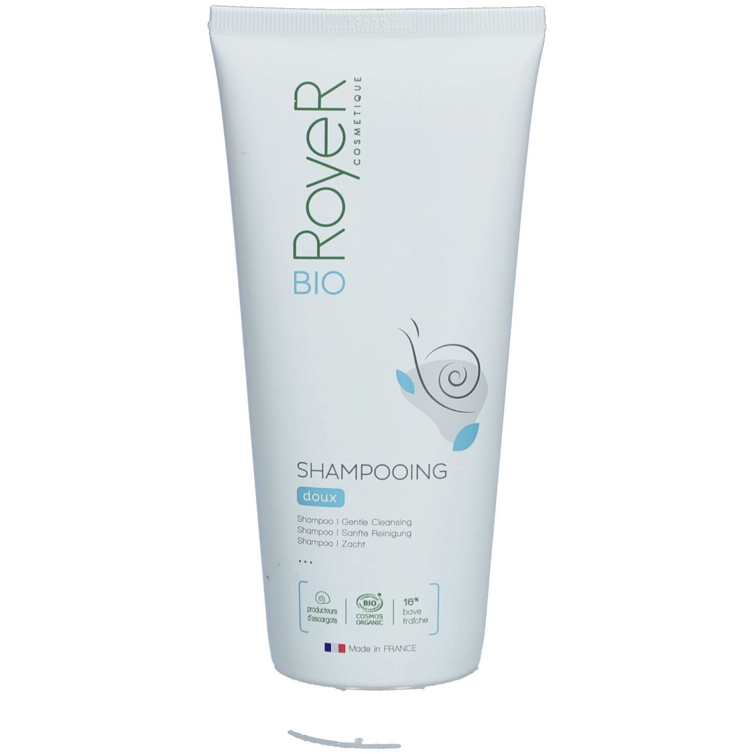 Weiße Tube mit blauem Logo und Schriftzug. "Royer" und "BIO" sind sichtbar. "Shampooing doux" steht darunter. Zertifizierungen.