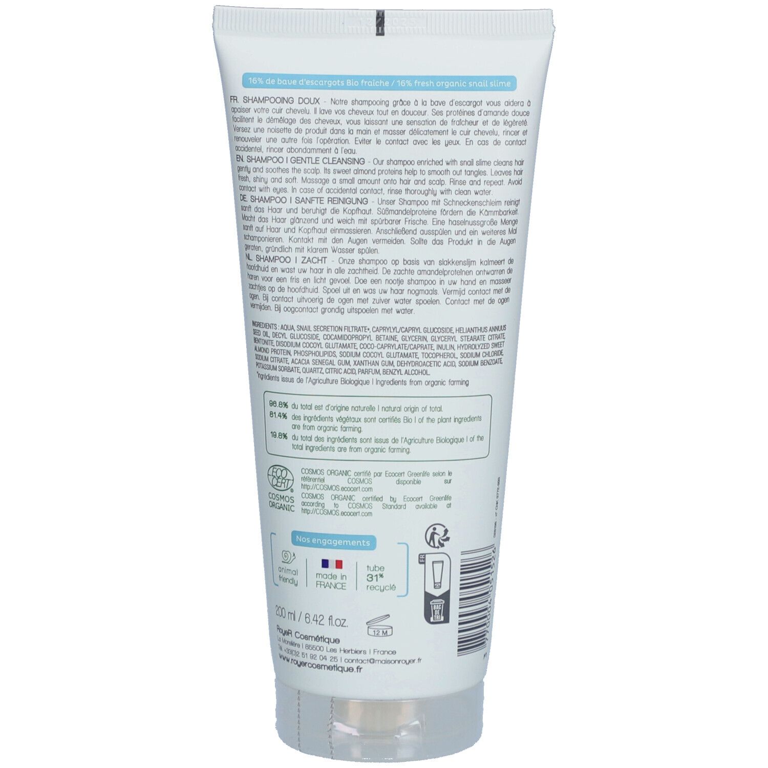 Rückseite der Tube. Text in mehreren Sprachen. Inhaltsstoffe und Zertifizierungen sind sichtbar. 200 ml.
