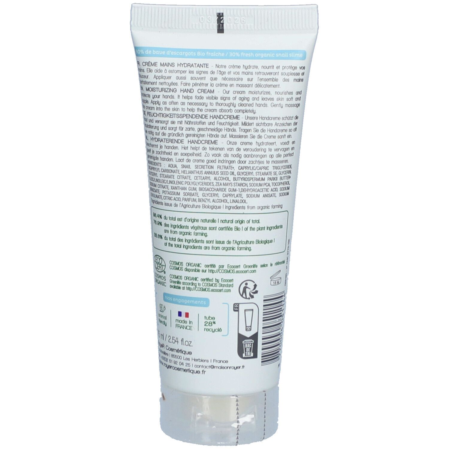 Dos du tube de crème pour les mains Royer. Texte multilingue. Ingrédients et certifications.