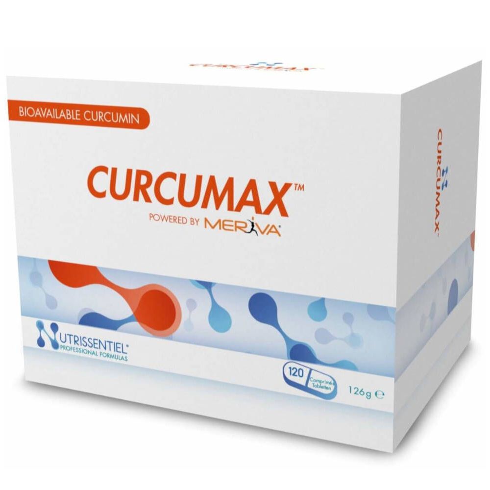 Boîte blanche CURCUMAX, 120 gélules, 126g. Marque Nutrissentiel. Contient Meriva.