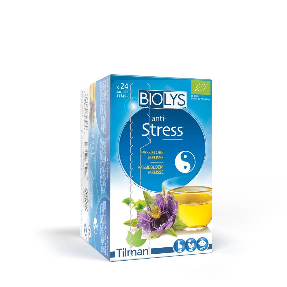 Boîte de thé BIOLYS anti-stress. Inscription : Passiflore, Mélisse. Avec label bio. Texte en français.