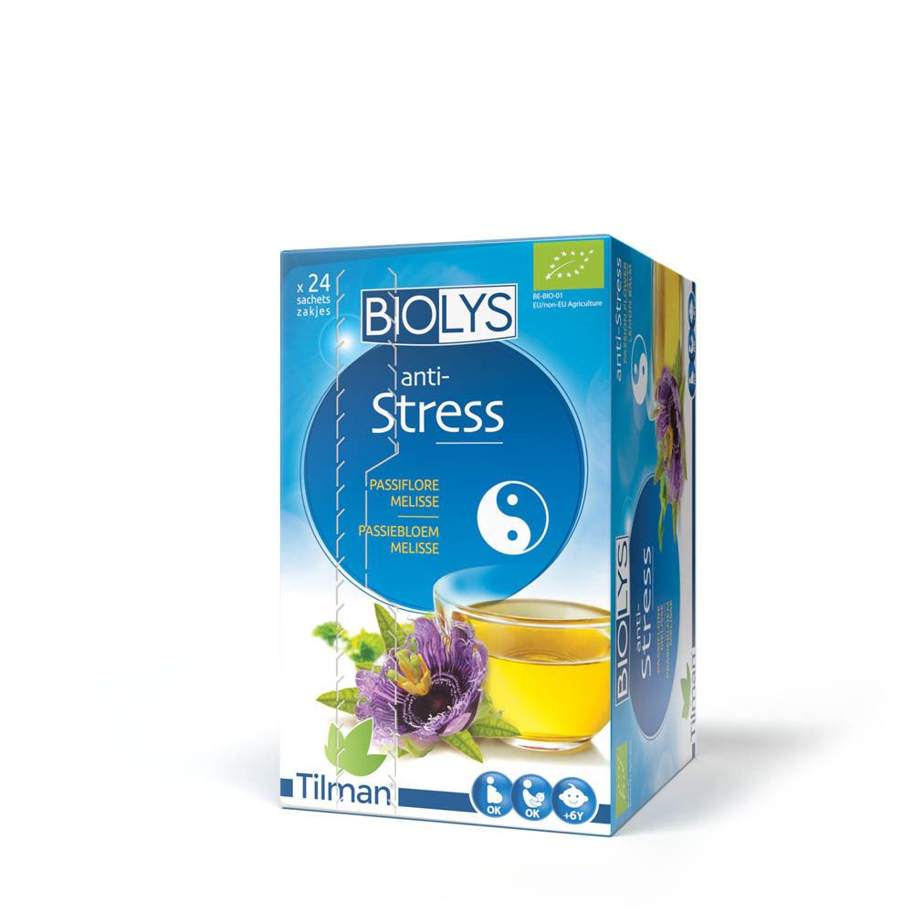 Boîte de thé BIOLYS anti-stress. Inscription : Passiflore, Mélisse. Avec label bio. Texte en français.