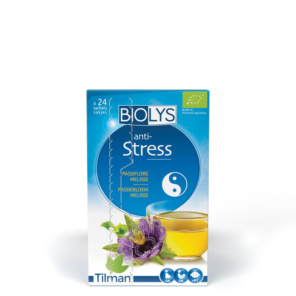 Boîte de thé BIOLYS anti-stress. Inscription : Passiflore, Mélisse. Avec label bio. Texte en français.