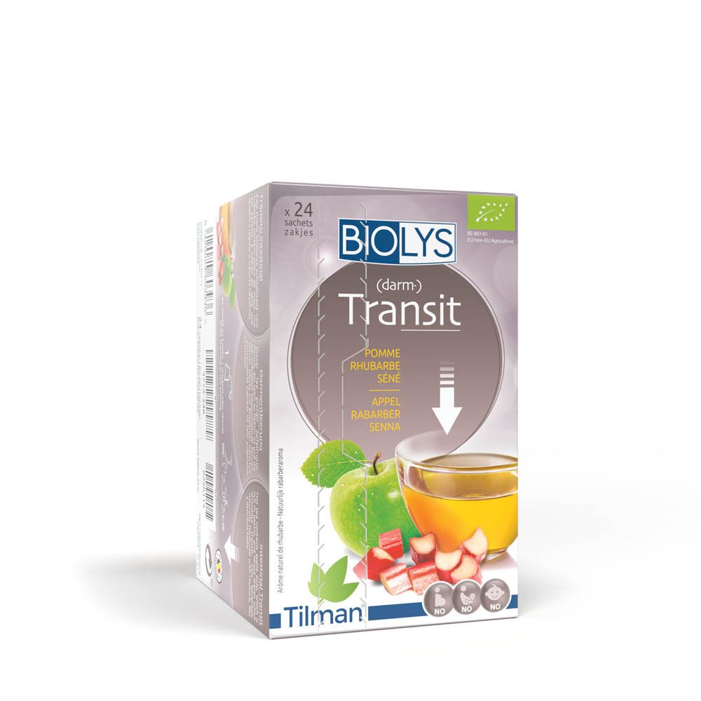 Doos Biolys (darm) Transit, appel, rabarber, senna. Bio-label. Afbeelding: appel, rabarber, thee.
