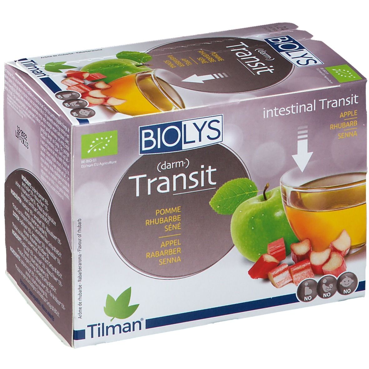 Doos Biolys (darm) Transit, appel, rabarber, senna. Bio-label. Afbeelding: appel, rabarber, thee.