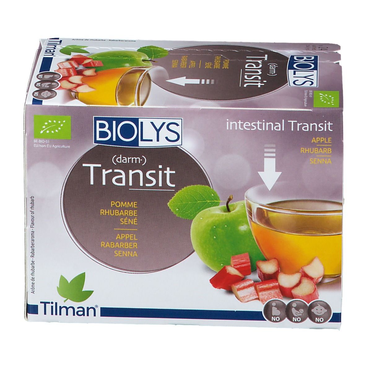 Doos Biolys (darm) Transit, appel, rabarber, senna. Bio-label. Afbeelding: appel, rabarber, thee.