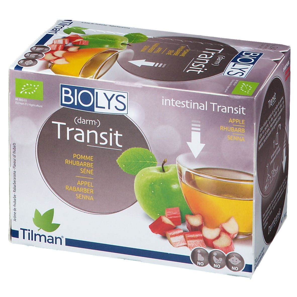Doos Biolys (darm) Transit, appel, rabarber, senna. Bio-label. Afbeelding: appel, rabarber, thee.