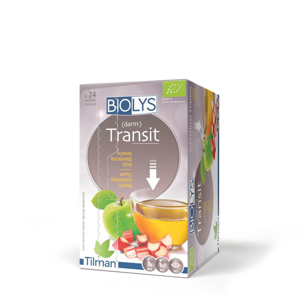 Doos Biolys (darm) Transit, appel, rabarber, senna. Bio-label. Afbeelding: appel, rabarber, thee.