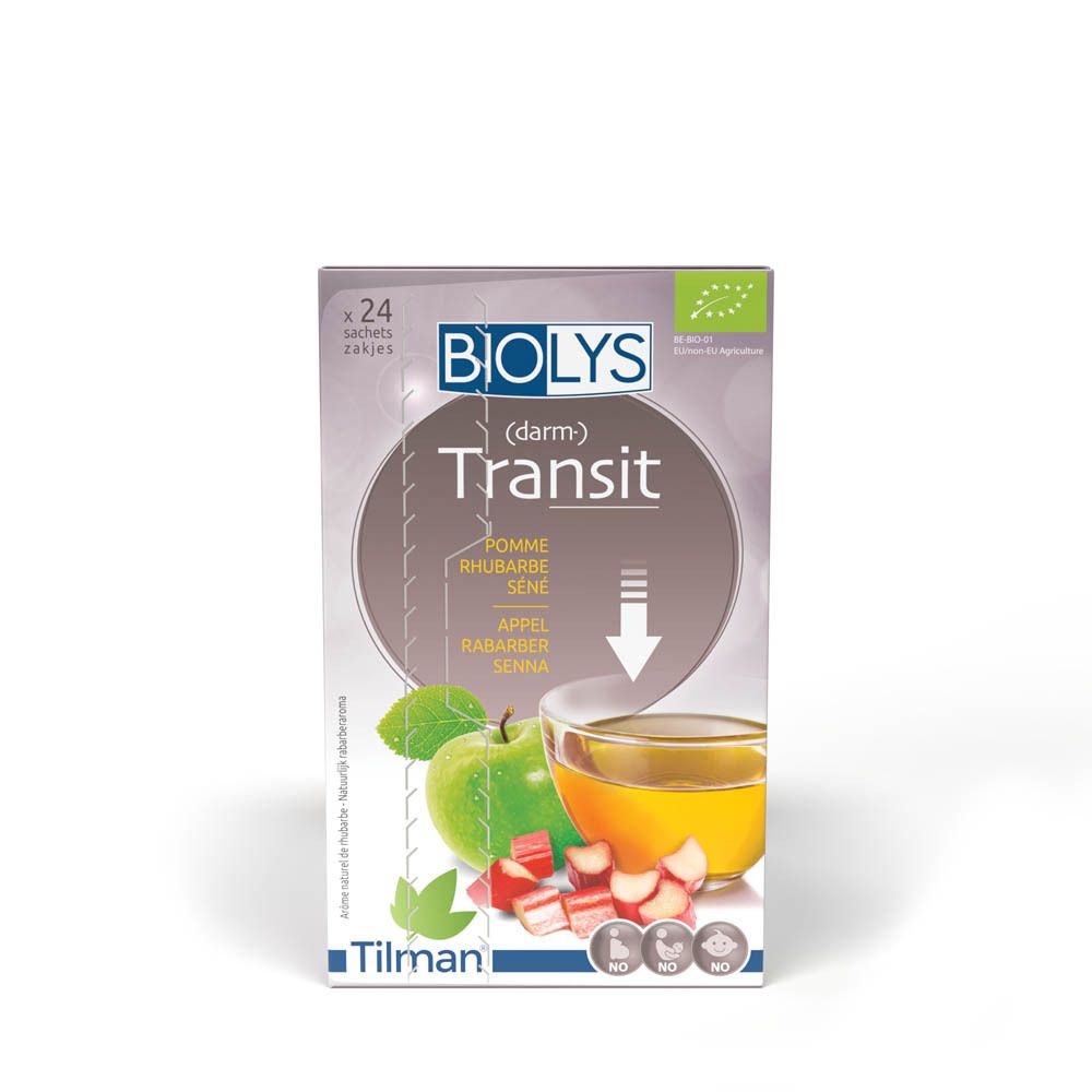 Doos Biolys (darm) Transit, appel, rabarber, senna. Bio-label. Afbeelding: appel, rabarber, thee.