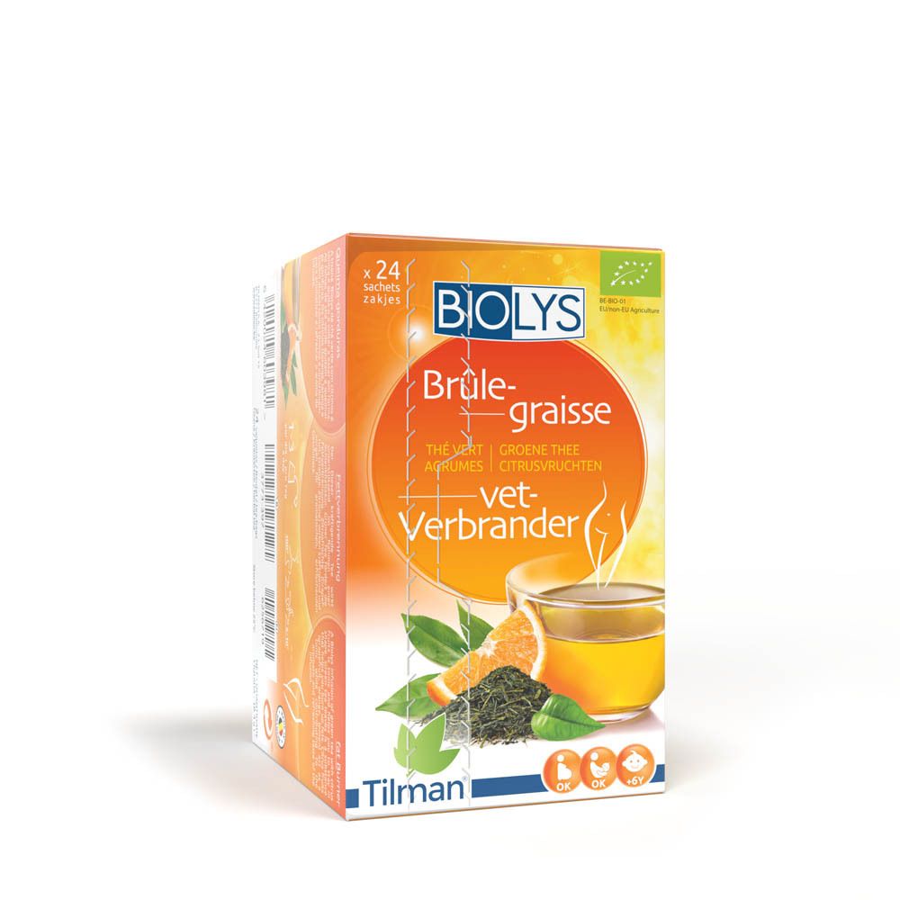 Boîte de thé BIOLYS. Fond orange avec texte et images de thé et d'agrumes. Contient 24 sachets.