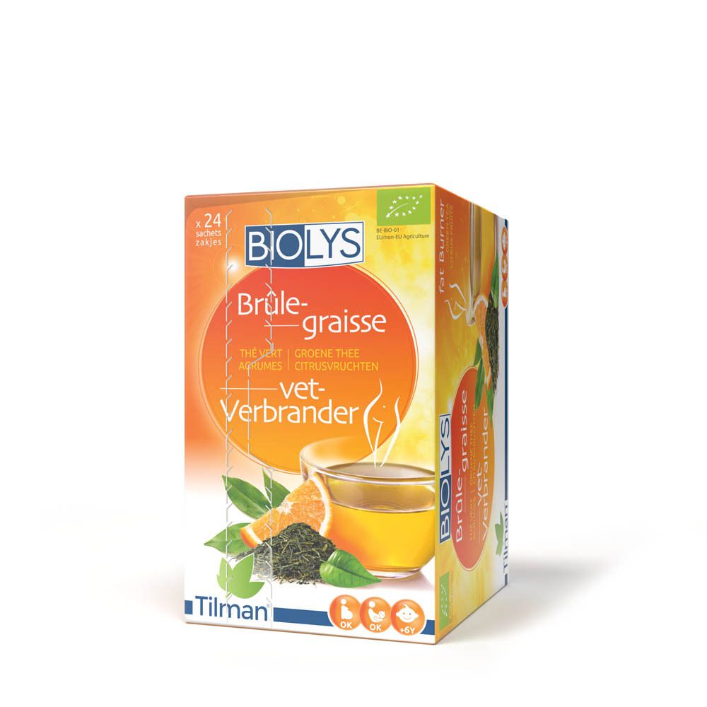 Boîte de thé BIOLYS. Fond orange avec texte et images de thé et d'agrumes. Contient 24 sachets.