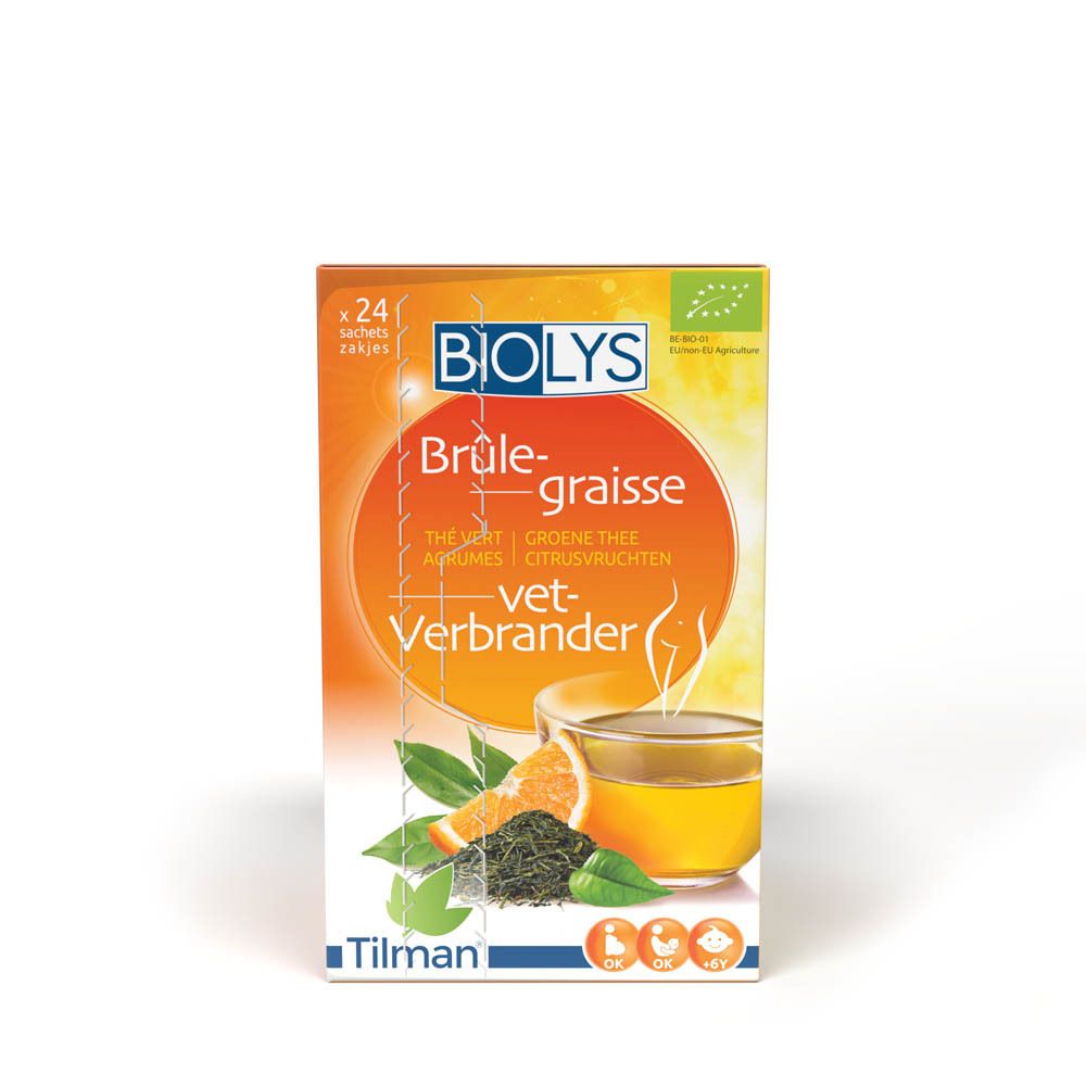 Boîte de thé BIOLYS. Fond orange avec texte et images de thé et d'agrumes. Contient 24 sachets.