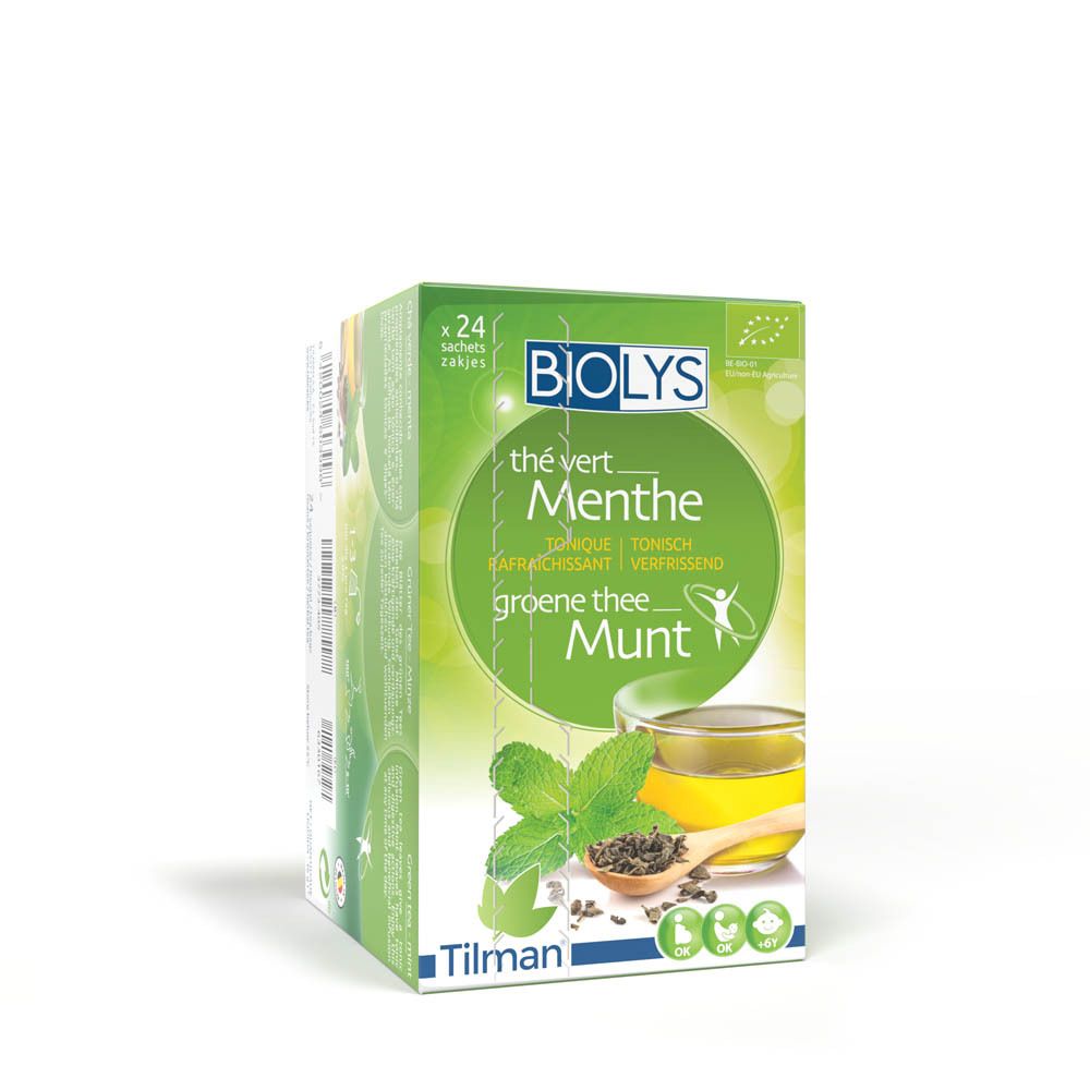 BIOLYS thé vert Menthe. Boîte de 24 sachets. Contient thé vert et menthe. Certifié bio.