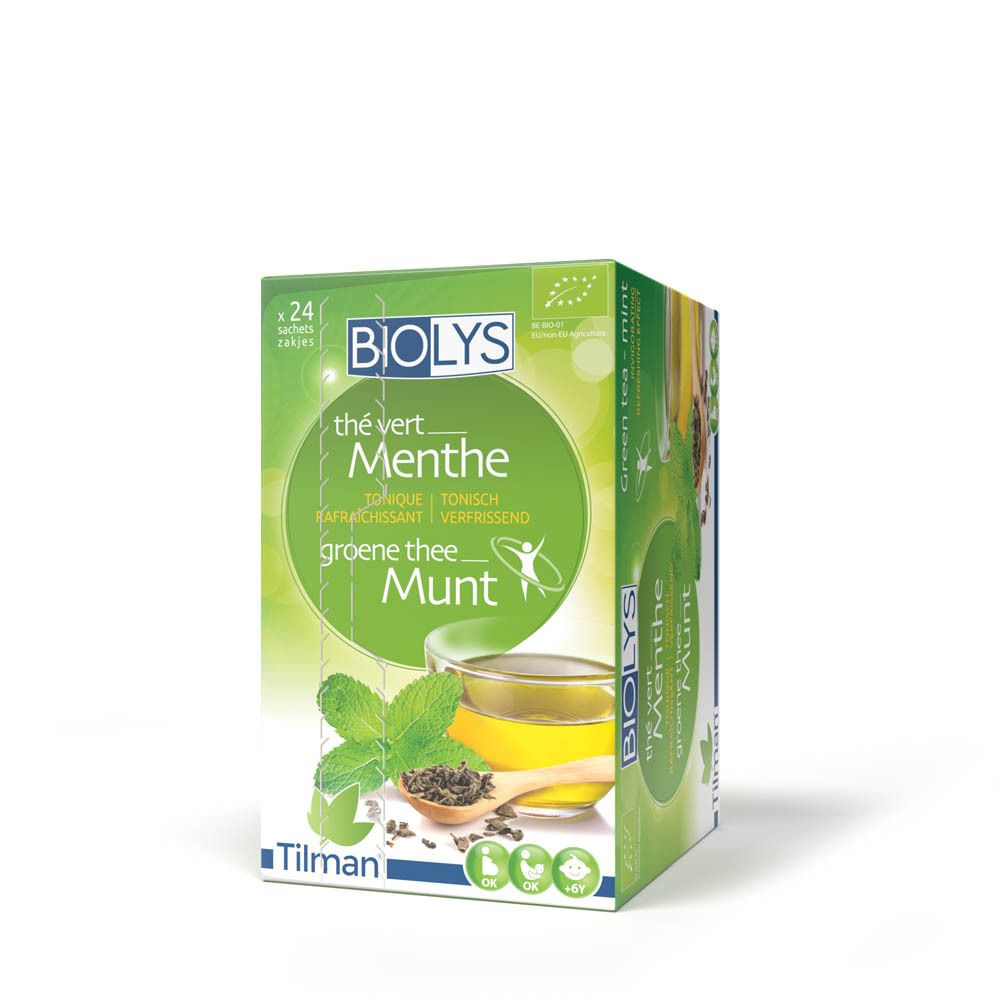 BIOLYS thé vert Menthe. Boîte de 24 sachets. Contient thé vert et menthe. Certifié bio.
