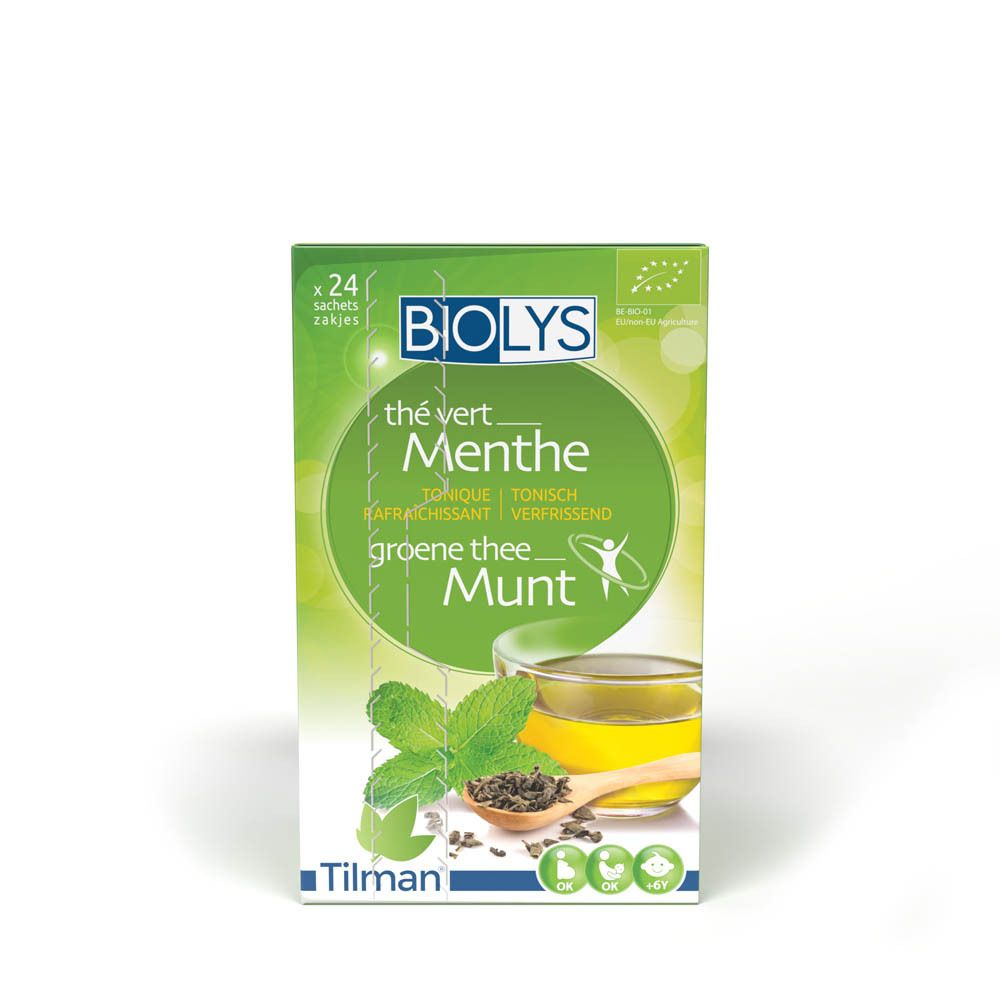 BIOLYS thé vert Menthe. Boîte de 24 sachets. Contient thé vert et menthe. Certifié bio.