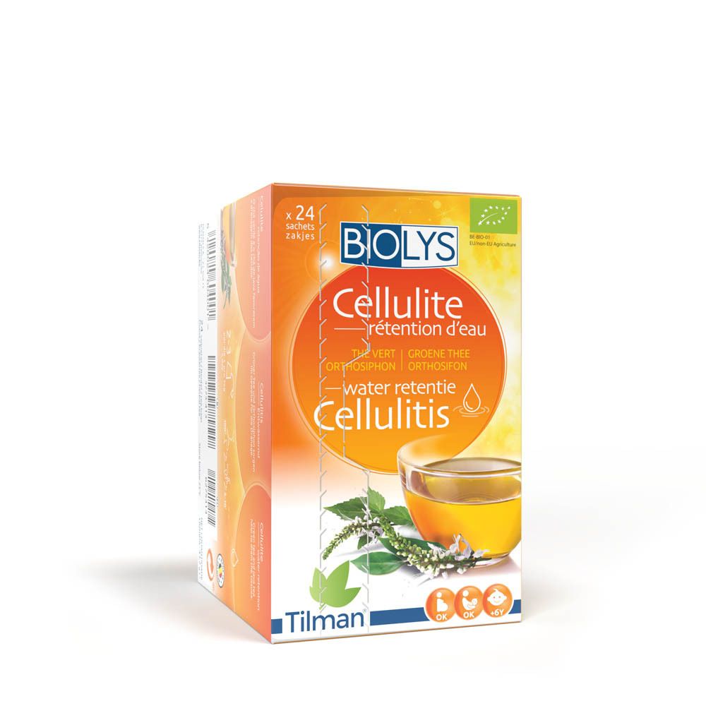 Boîte de thé BIOLYS Cellulite. Inscription: Thé Vert, Orthosiphon. Label bio. Image: tasse de thé.