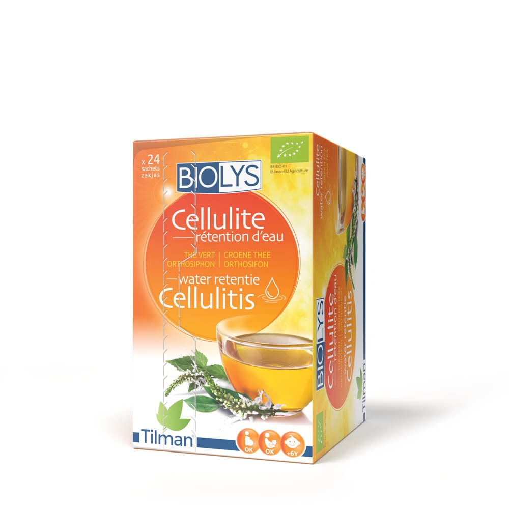 Boîte de thé BIOLYS Cellulite. Inscription: Thé Vert, Orthosiphon. Label bio. Image: tasse de thé.