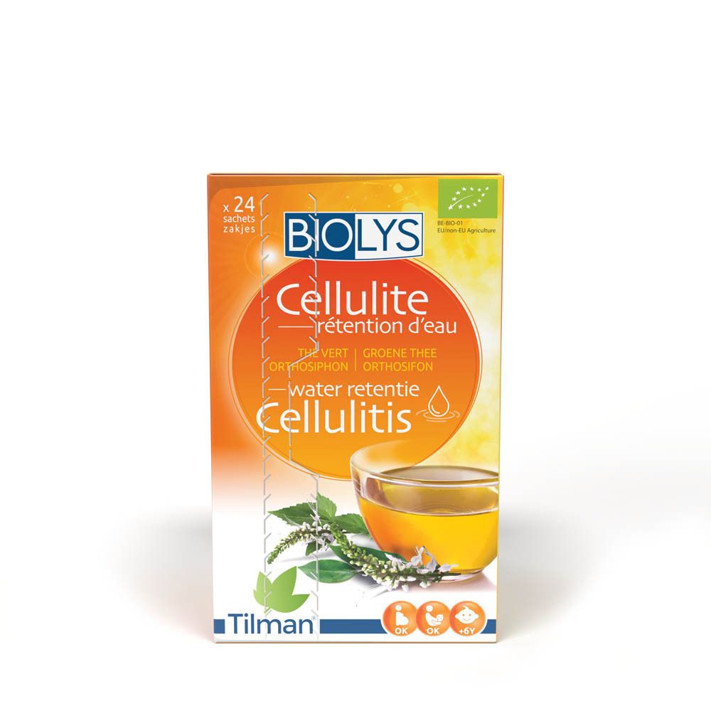 Boîte de thé BIOLYS Cellulite. Inscription: Thé Vert, Orthosiphon. Label bio. Image: tasse de thé.
