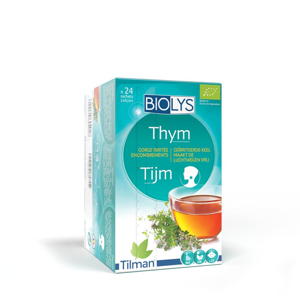 Verpakking van BIOLYS Thym met 24 zakjes. Opschriften: Thym, GORGE IRRITEE, ENCOMBREMENTS, GEIRRITERTE KEEL, MAAKT DE LUCHTWEGEN VRIJ, Tijm.