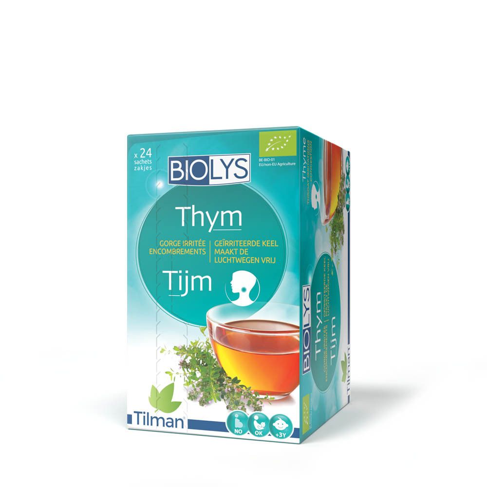 Verpakking van BIOLYS Thym met 24 zakjes. Opschriften: Thym, GORGE IRRITEE, ENCOMBREMENTS, GEIRRITERTE KEEL, MAAKT DE LUCHTWEGEN VRIJ, Tijm.