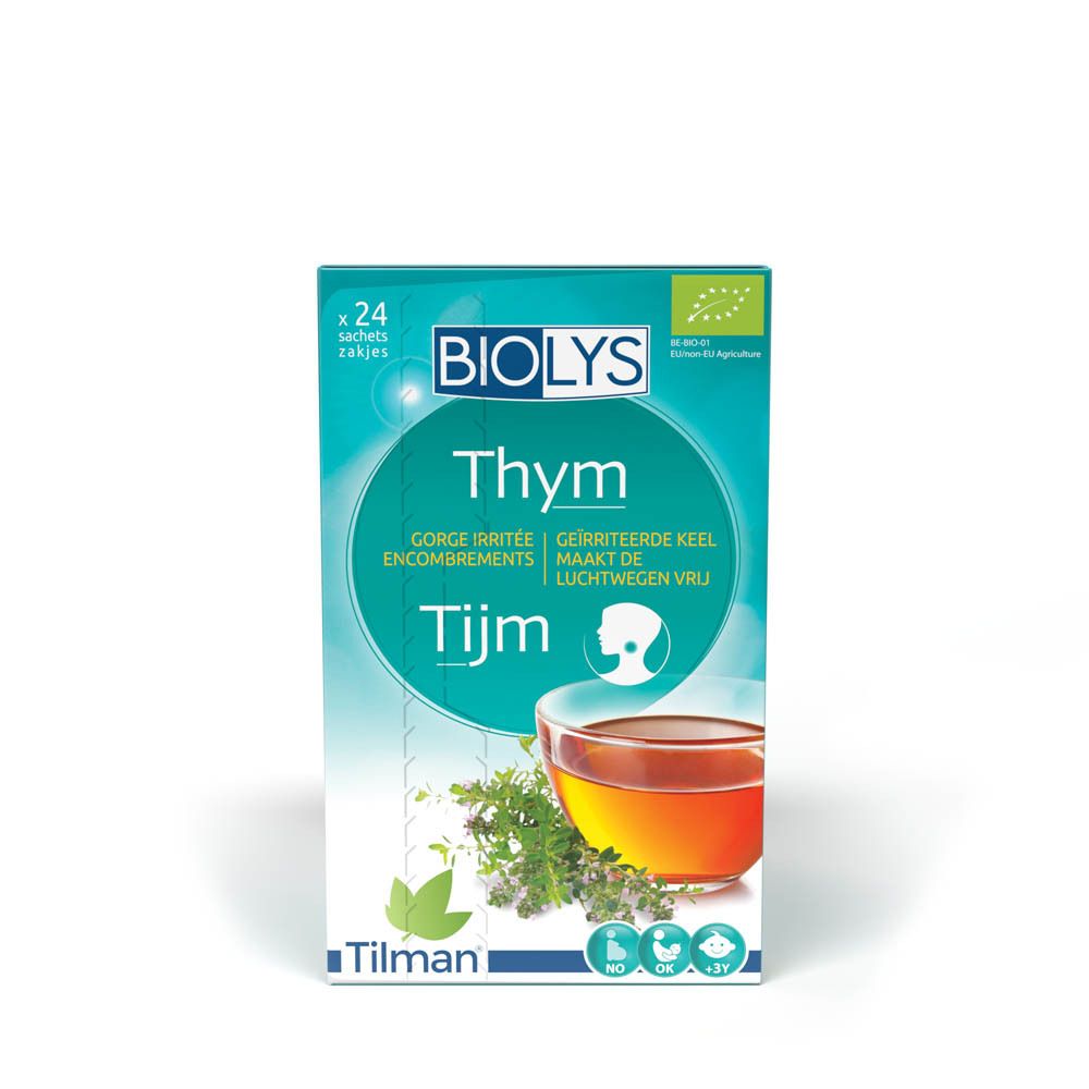 Verpakking van BIOLYS Thym met 24 zakjes. Opschriften: Thym, GORGE IRRITEE, ENCOMBREMENTS, GEIRRITERTE KEEL, MAAKT DE LUCHTWEGEN VRIJ, Tijm.