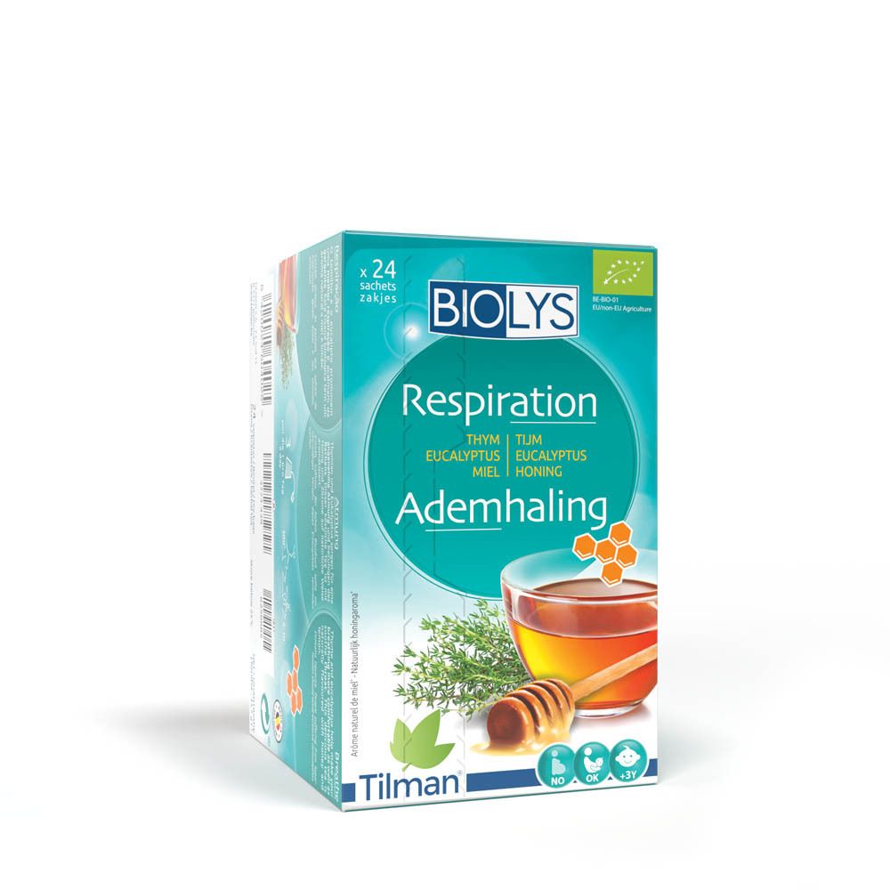 Biolys® Ademhaling theedoos. Belangrijkste ingrediënten: tijm, eucalyptus, honing. Bio-label. 24 zakjes.