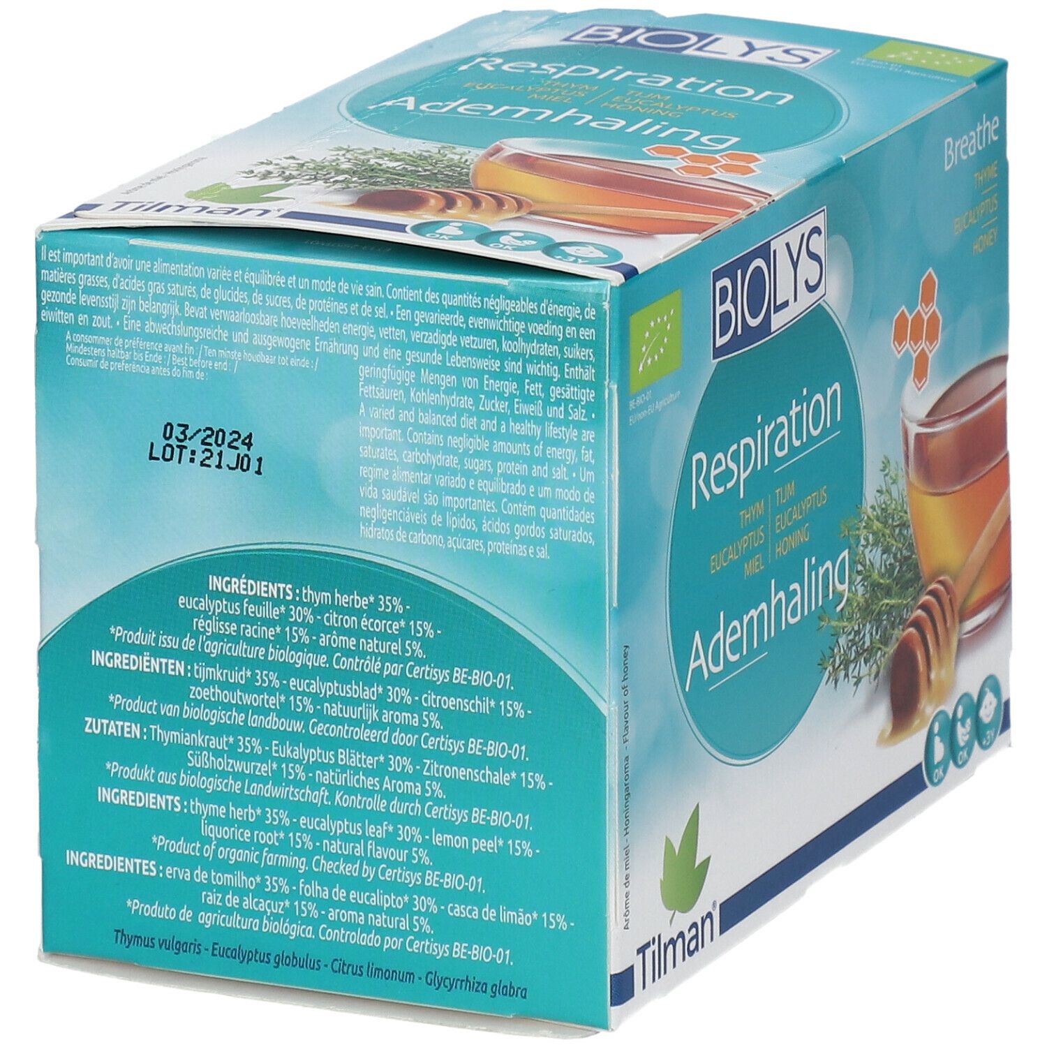 Achterkant Biolys® Ademhaling theedoos. Ingrediëntenlijst, lotnummer, bio-label. 24 zakjes.