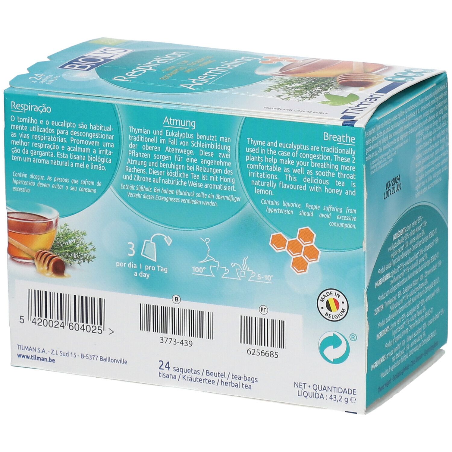 Achterkant Biolys® Ademhaling theedoos. Gebruiksaanwijzing, ingrediënten, bio-label. 24 zakjes.