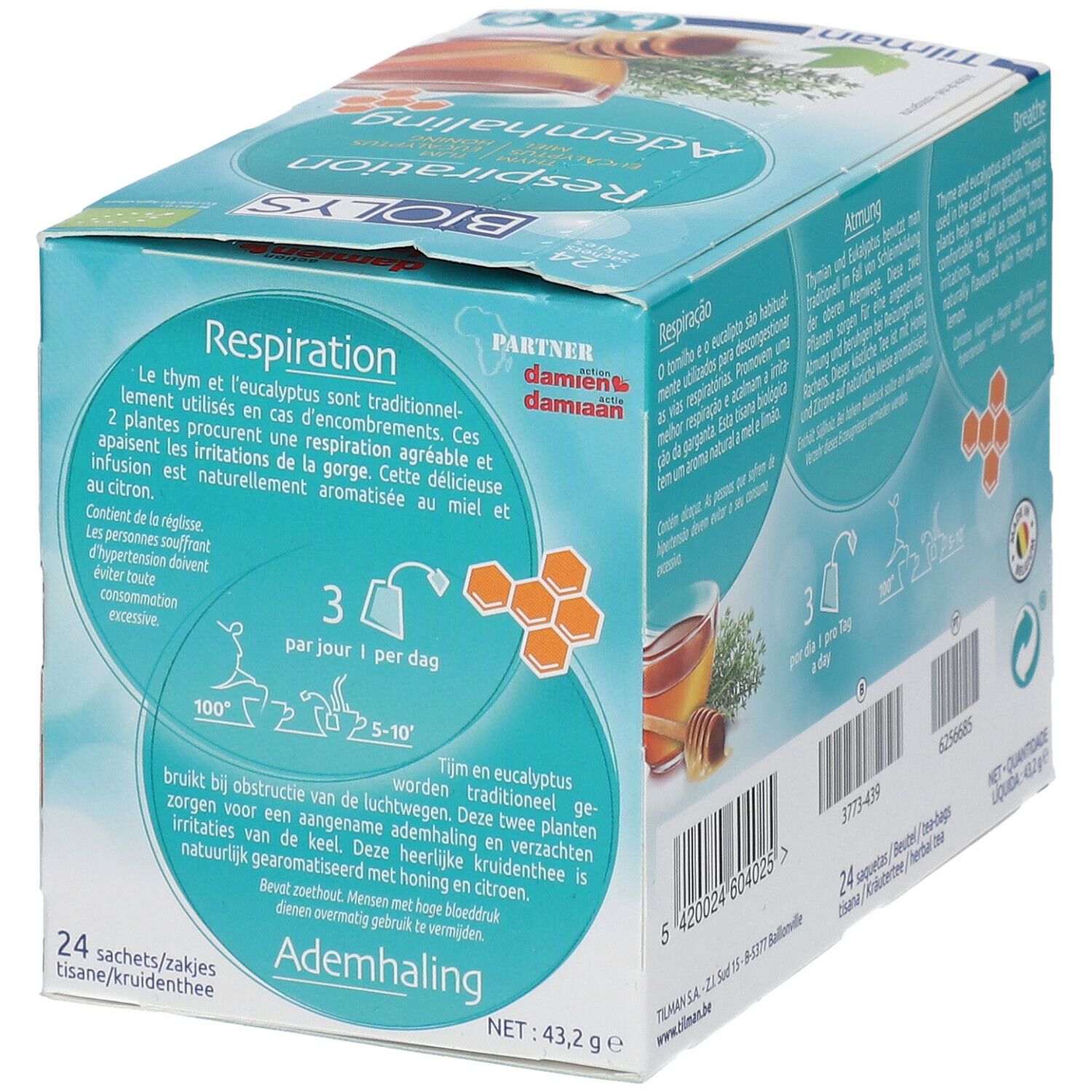 Achterkant Biolys® Ademhaling theedoos. Gebruiksaanwijzing, ingrediënten, bio-label. 24 zakjes.