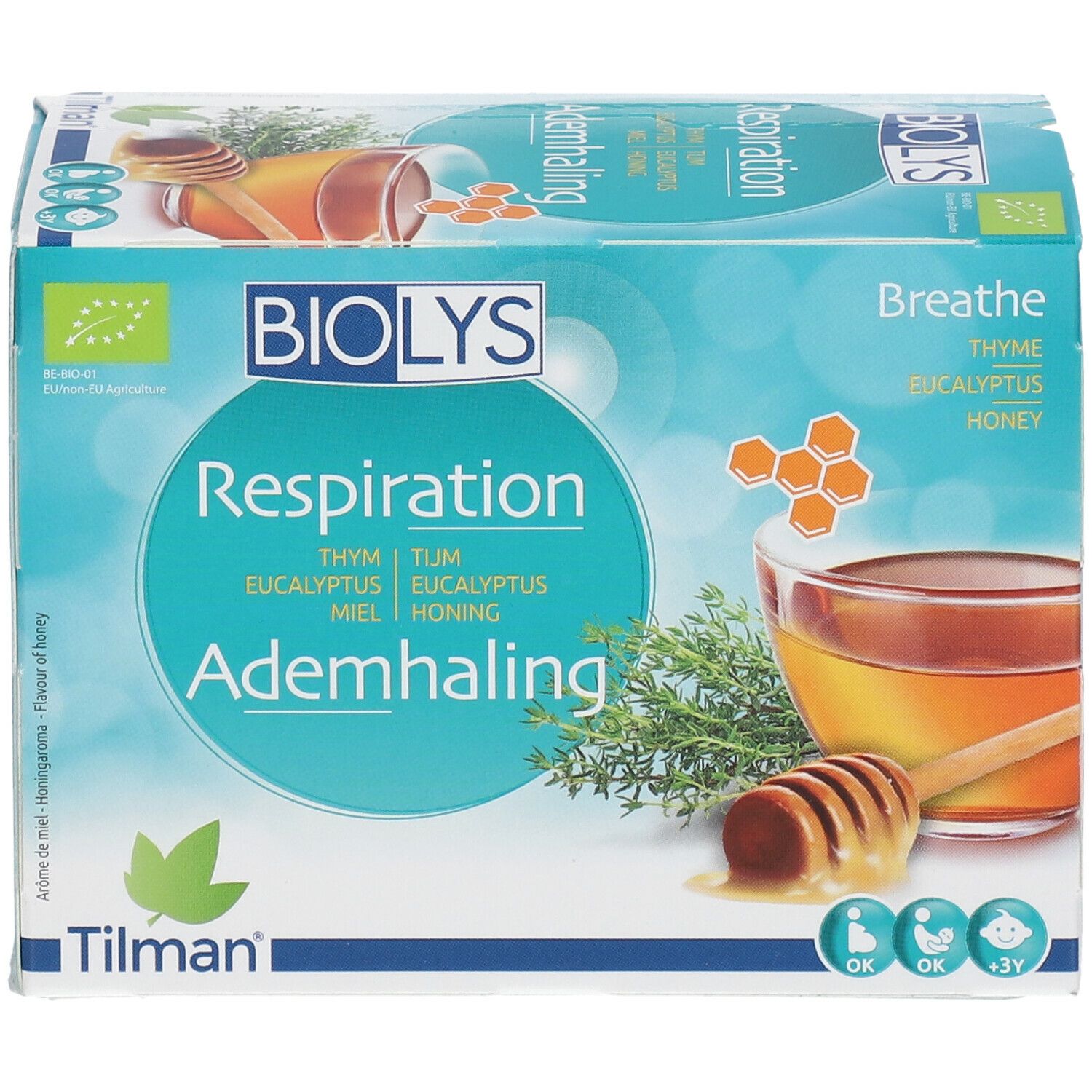 Biolys® Ademhaling theedoos. Belangrijkste ingrediënten: tijm, eucalyptus, honing. Bio-label. 24 zakjes.