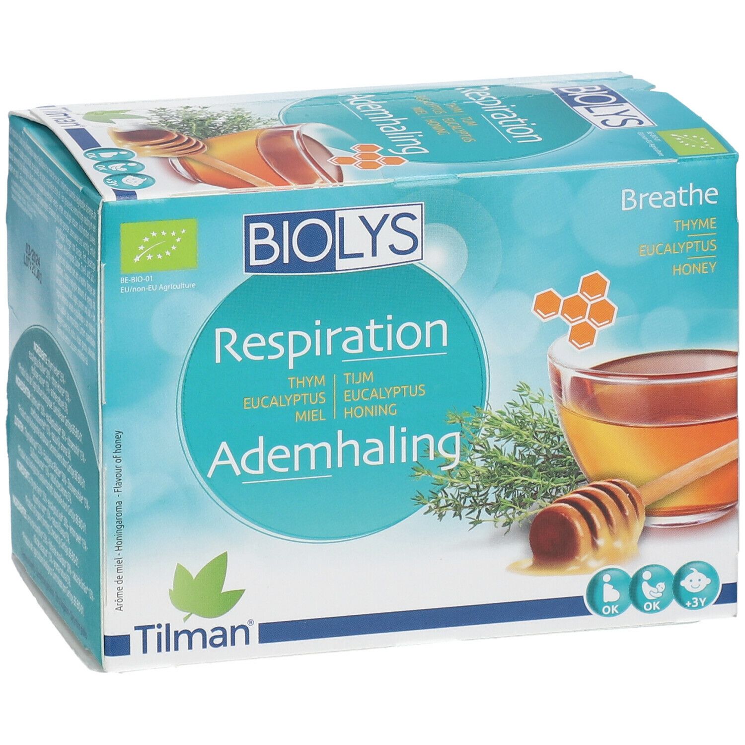 Biolys® Ademhaling theedoos. Belangrijkste ingrediënten: tijm, eucalyptus, honing. Bio-label. 24 zakjes.