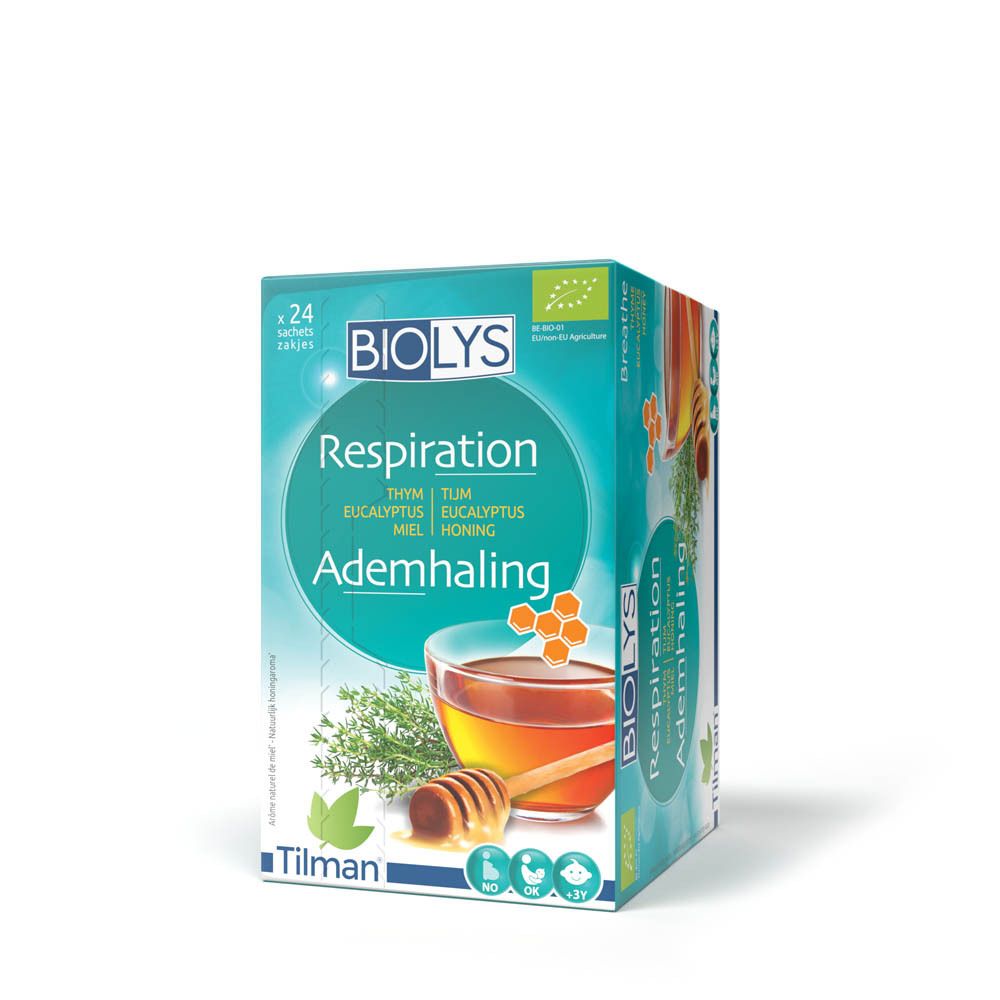 Biolys® Ademhaling theedoos. Belangrijkste ingrediënten: tijm, eucalyptus, honing. Bio-label. 24 zakjes.
