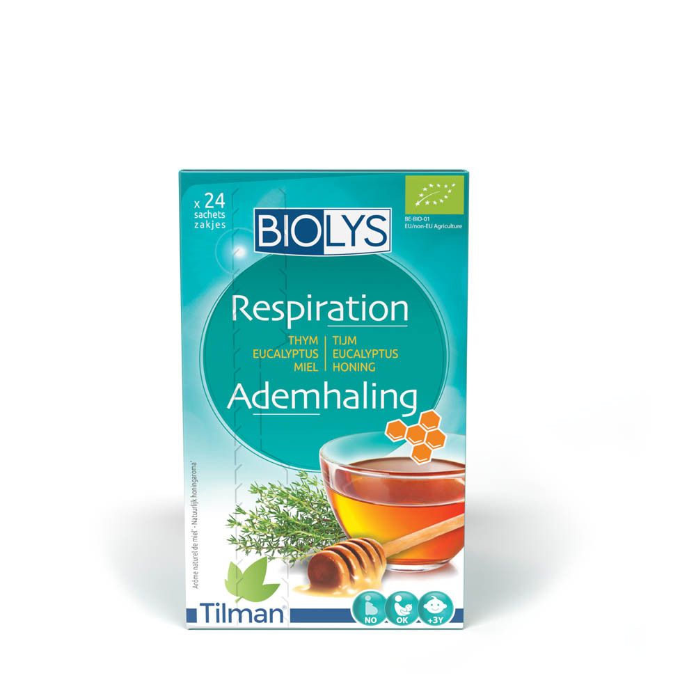 Biolys® Ademhaling theedoos. Belangrijkste ingrediënten: tijm, eucalyptus, honing. Bio-label. 24 zakjes.