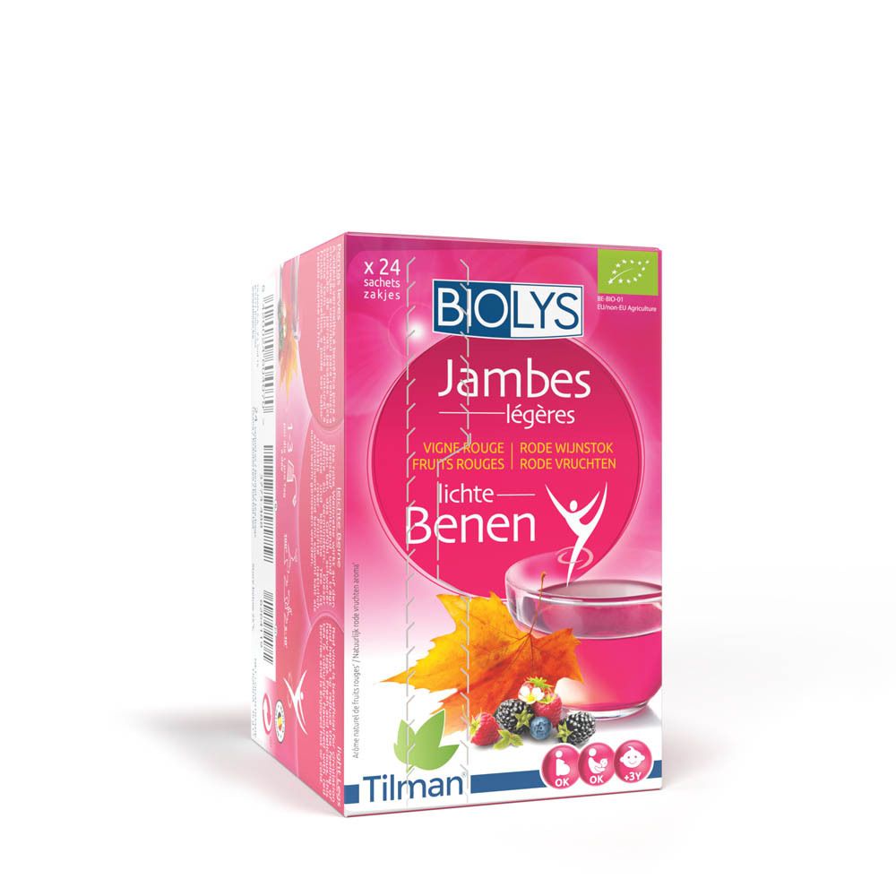 Roze BIOLYS-verpakking. Opschrift « Jambes légères ». 24 zakjes. Bio-certificering. Illustratie van fruit en bladeren.