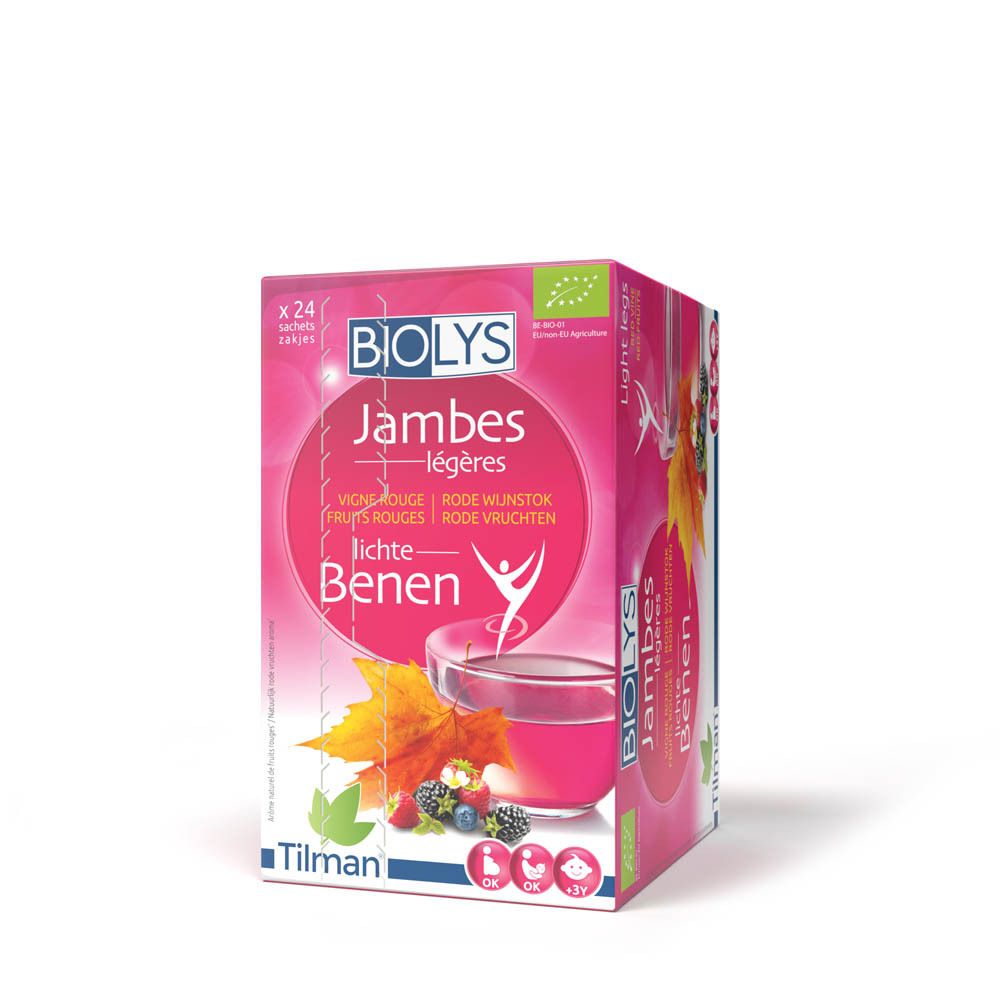Roze BIOLYS-verpakking. Opschrift « Jambes légères ». 24 zakjes. Bio-certificering. Illustratie van fruit en bladeren.